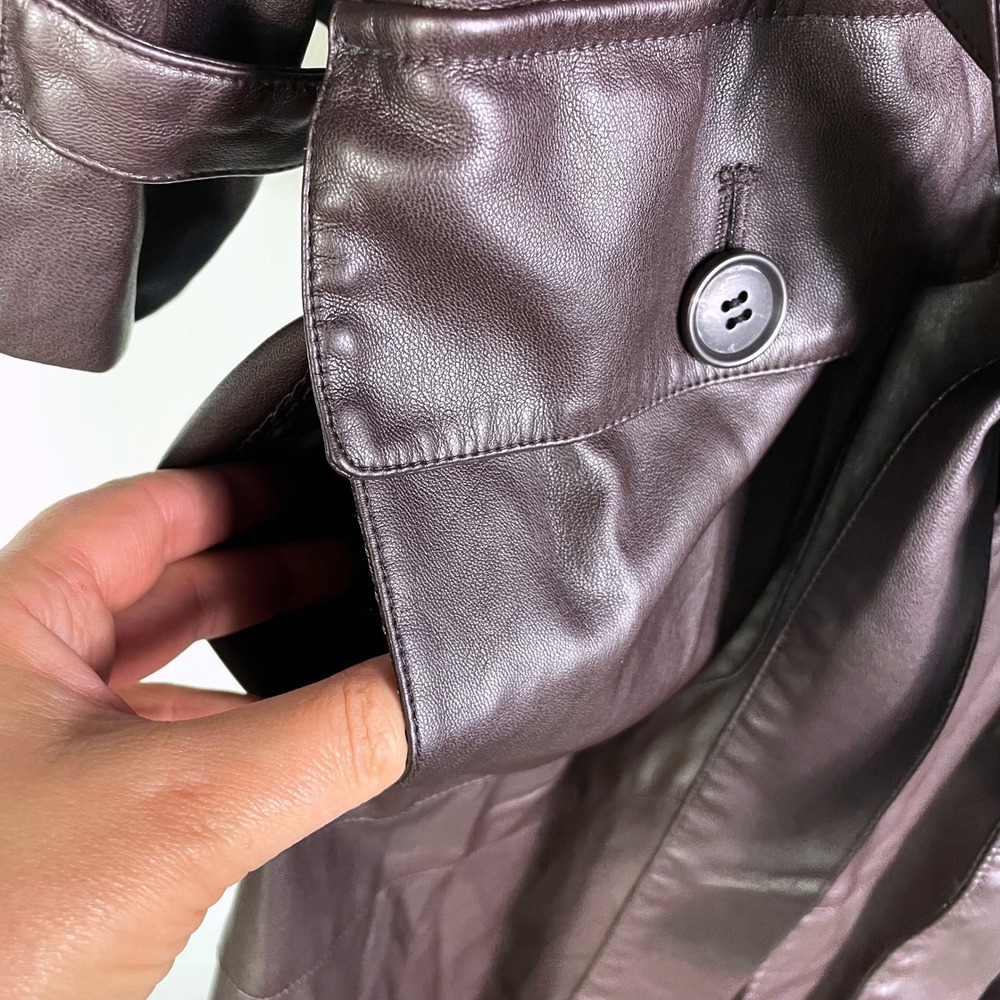 Osman Yousefzada Faux Leather Trench Coat Long Belted Brown‎ Vegan Sz 10 - Picture 9 of 16